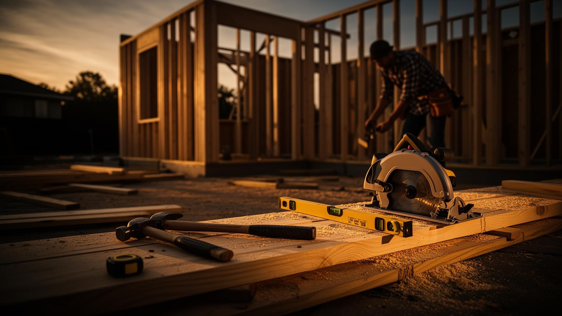 Home construction site at golden hour with framing and tools